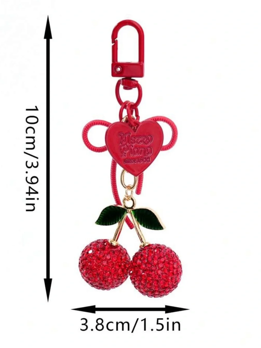 Source Unknown Red Cherry Crystal Keychain with Green Leaves